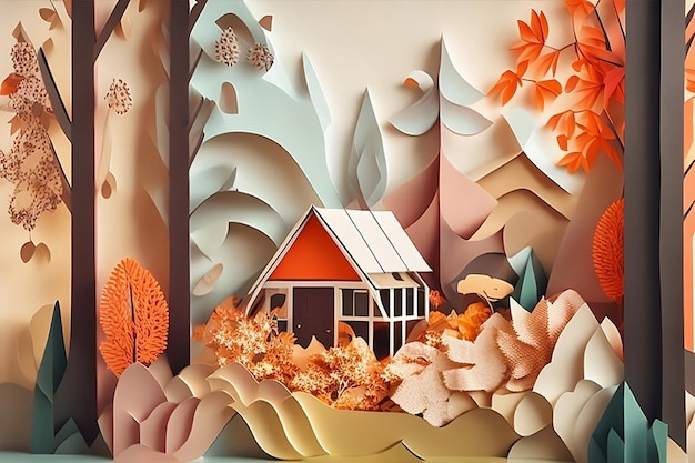 forêt d'automne avec un style d'art en papier de cabine généré par ai