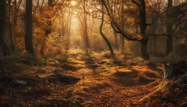 Forêt d'automne tranquille couleurs vibrantes beauté mystérieuse dans la nature générée par l'IA