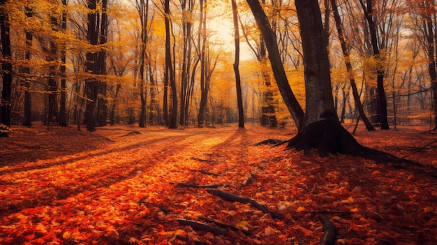 Forêt d'automne vibrante avec des arbres et des feuilles tombées sur le sol générée par l'IA