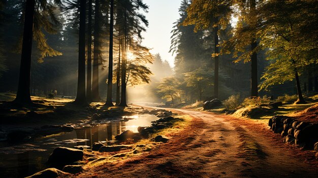 Forêt d'automne vibrante éclairée par la lumière du soleil et mystérieuse