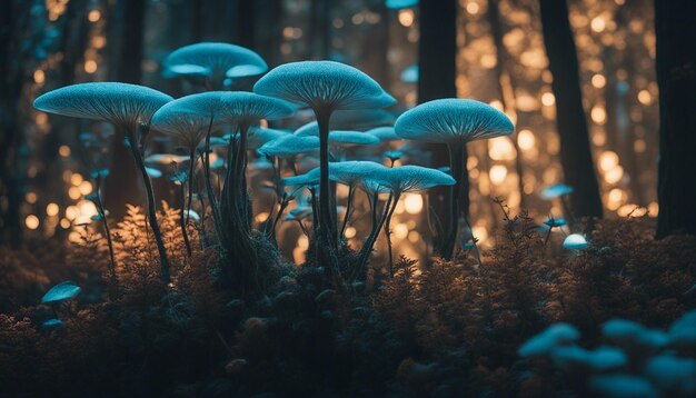 Forêt d'un autre monde avec une flore bioluminescente