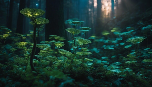 Forêt d'un autre monde avec une flore bioluminescente