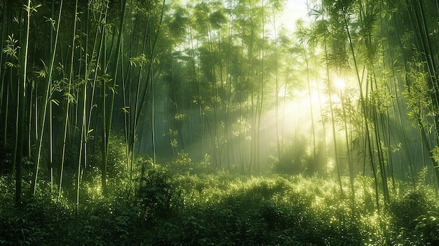 La forêt de bambou éclairée par le soleil