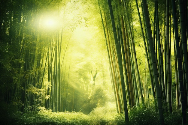 Une forêt de bambou tranquille avec la lumière du soleil filtrée qui s'écoule.