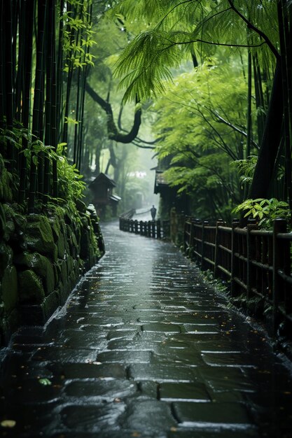Forêt de bambous brumeuse et pluvieuse IA générative