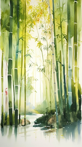 Forêt de bambous légers à l'aquarelle avec vue latérale et fond blanc simple avec petite rivière Générer Ai