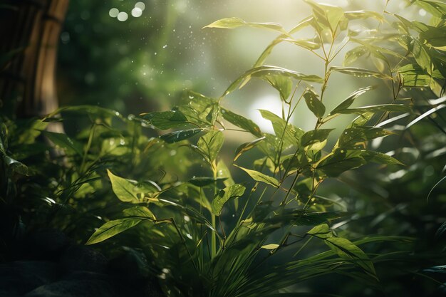 Forêt de bambous avec la lumière du soleil qui traverse