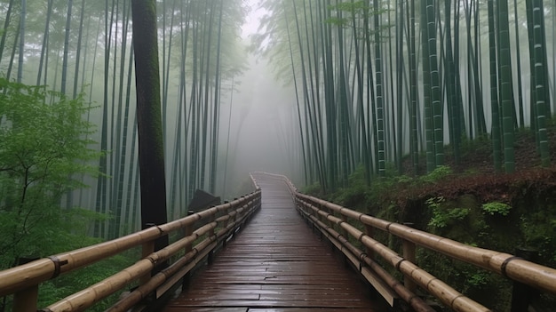 Une forêt de bambous avec une passerelle en bois qui y mène