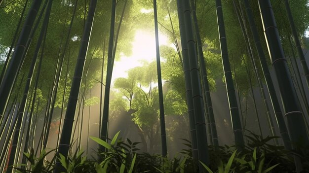 Une forêt de bambous avec le soleil qui brille à travers les arbres