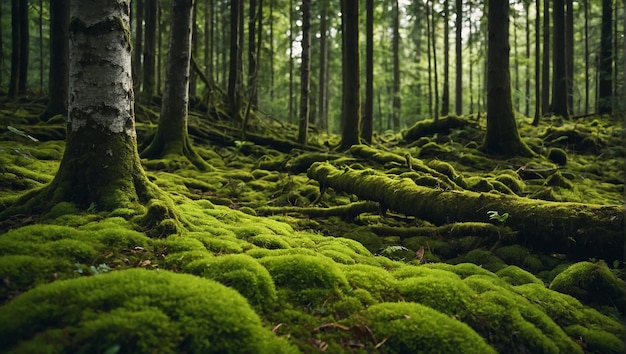 Une forêt belle et paisible couverte de mousse verte