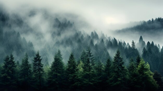 Forêt brumeuse avec des arbres au premier plan