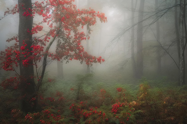 Forêt brumeuse avec brouillard brumeux d'arbres imposants et baies rouges créées avec une IA générative