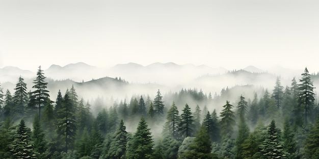 Forêt brumeuse avec des conifères sur un fond blanc