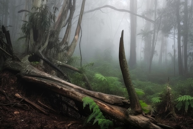 Forêt brumeuse exotique avec arbre tombé entouré de brume créée avec une IA générative