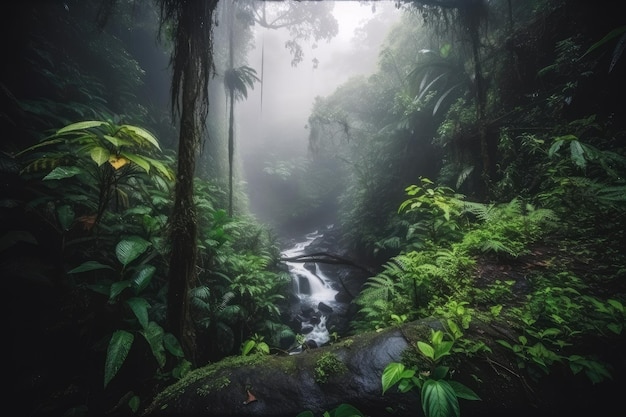 Forêt brumeuse exotique avec cascade entourée d'une végétation luxuriante créée avec une IA générative