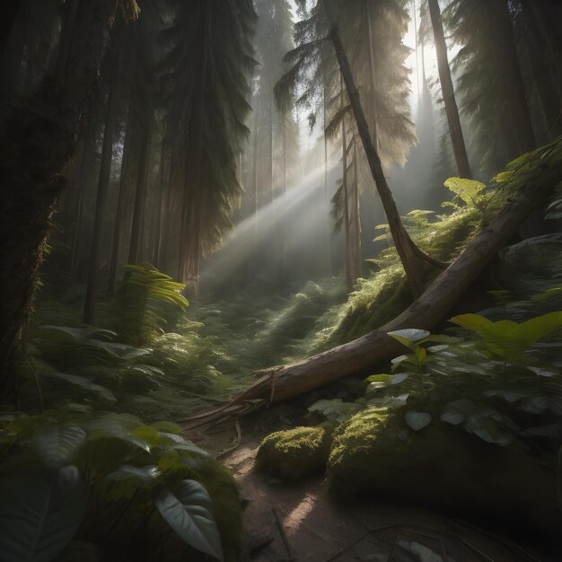 Forêt brumeuse avec la lumière du soleil qui brille à travers les arbres