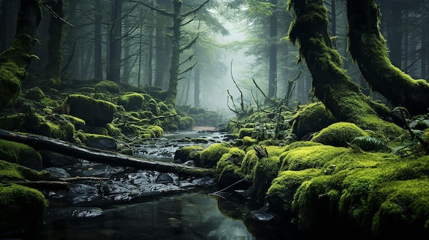 Forêt brumeuse et moussue