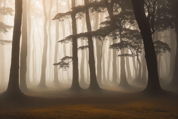 Une forêt brumeuse avec des pins au premier plan.