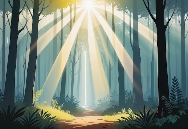 Une forêt brumeuse avec des rayons de soleil filtrant à travers les arbres