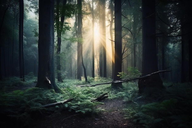 Forêt brumeuse avec des rayons de soleil le matin Composition de la nature