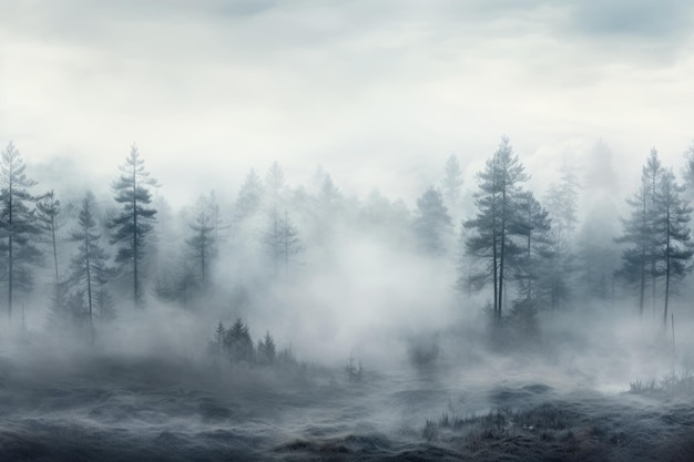 une forêt brumeuse remplie de nombreux arbres