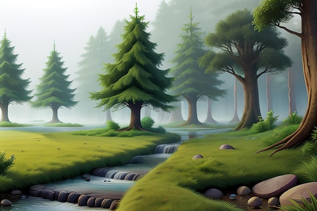Une forêt brumeuse et tranquille avec des arbres imposants et un petit ruisseau