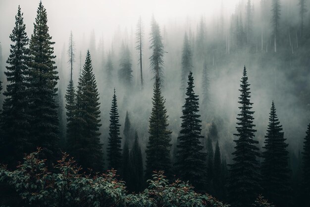 une forêt brumeuse vue d'en haut dans un plan vertical