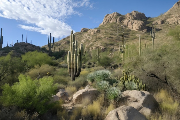 Forêt de cactus avec des saguaros imposants et d'autres plantes en arrière-plan