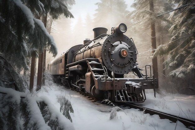 forêt canadienne enneigée locomotives à vapeur abandonnées