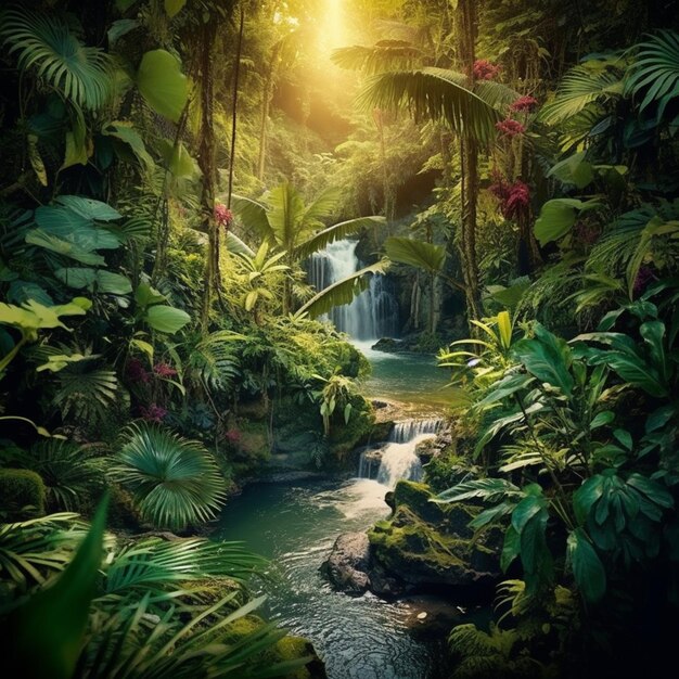 Une forêt avec une cascade et une scène de jungle