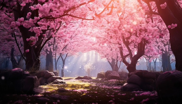 Une forêt de cerisiers roses en fleurs