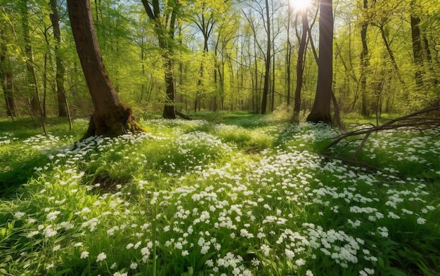 Une forêt avec un champ de fleurs blanches au soleil