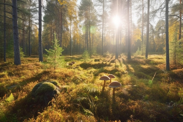 Une forêt avec des champignons au soleil