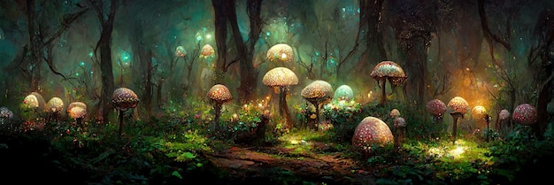 Forêt de champignons fantastique, arbres, nature, enchantée. Paysage de champignons. Illustration numérique 3D