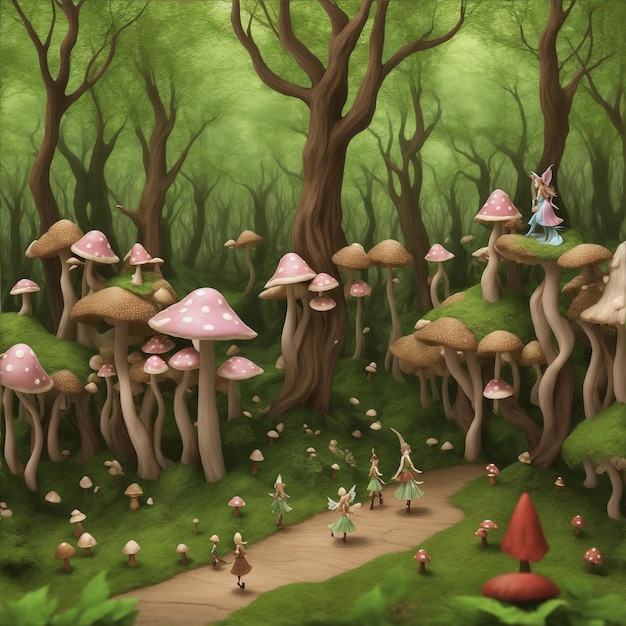 forêt de champignons de fées avec des elfes marchant dans la forêt