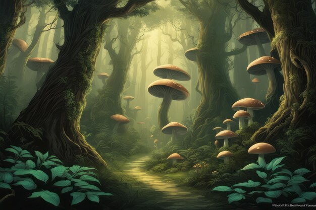 Photo forêt avec champignons illustration de champignon illustration de forêt fantastique forêt avec mousses de champignons