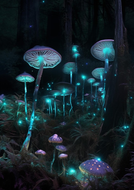Une forêt de champignons avec des lumières bleues et le mot luciole dessus.