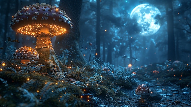 Photo une forêt avec des champignons et une pleine lune en arrière-plan