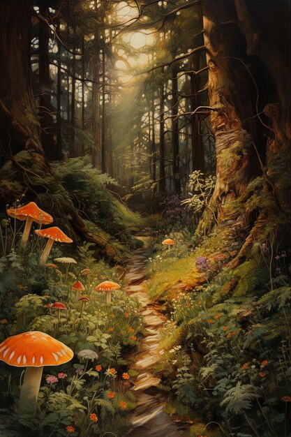 une forêt avec des champignons et un ruisseau qui la traverse