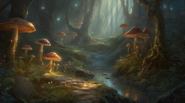 Une forêt avec des champignons et un ruisseau