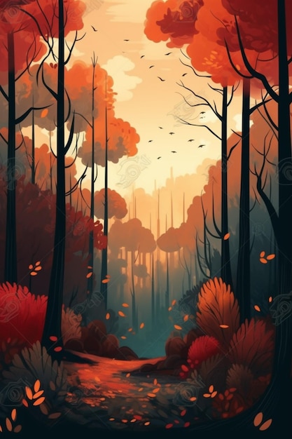 Une forêt avec un chemin et des arbres aux feuilles rouges.