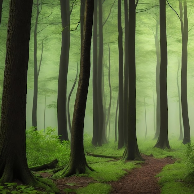 Une forêt avec un chemin et des arbres couverts de brouillard.