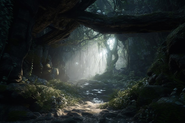 Une forêt avec un chemin et des arbres