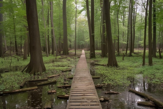 Forêt avec chemin de caillebotis et arbres imposants en arrière-plan