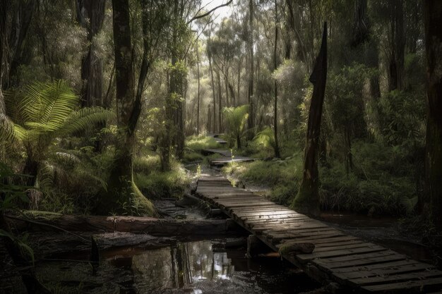 Forêt avec chemin de caillebotis menant au lagon caché