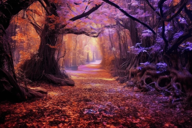 Une forêt avec un chemin qui a un arbre