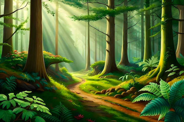 Une forêt avec un chemin et des rayons de soleil