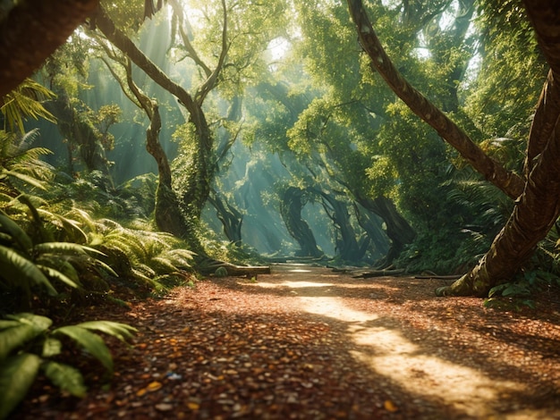 Une forêt avec un chemin traversé par le soleil