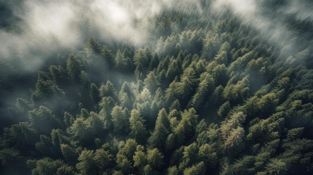 Une forêt avec un ciel brumeux et une forêt avec des arbres au premier plan.