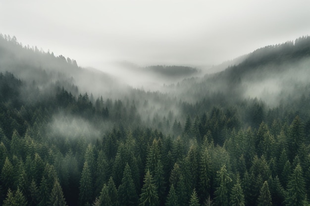 Une forêt avec un ciel brumeux et une forêt avec une forêt en arrière-plan.